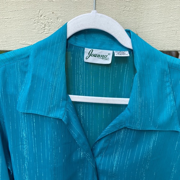 Women’s 80’s Vintage Turquoise w/Silver pinstriped button down Sz L, EUC, Pretty - Picture 3 of 12